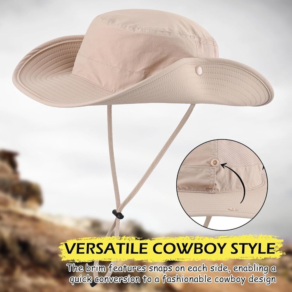 Unisex Light Khaki 100%Nylon Wide Brim Boonie With Chin Strap Classic Bucket Hat - Picture 5 of 6